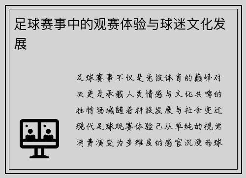 足球赛事中的观赛体验与球迷文化发展